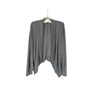 Check and Stripe Cardigan L Women's Gray Draped Open Front Pockets Sweater